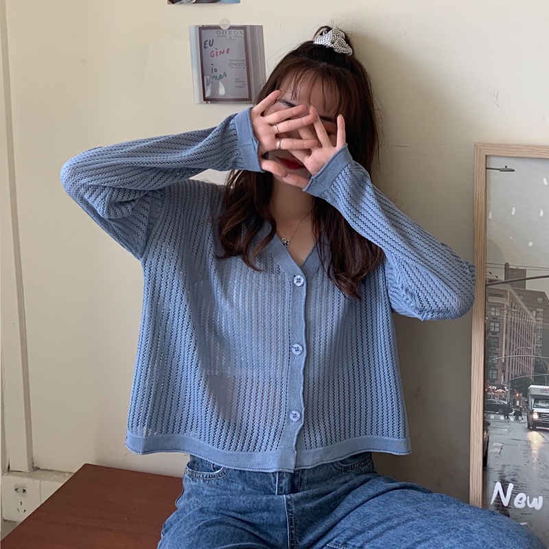 Phụ Nữ Mùa Hè Và Mùa Thu Mới Thời Trang Áo Cardigan Mỏng Cổ Chữ V Phong Cách Hàn Quốc Áo Ngắn
