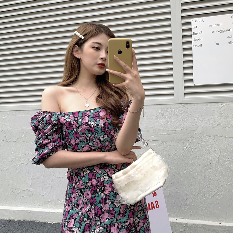 SUXI Đầm Nữ Ngắn Tay Cổ Vuông Họa Tiết Hoa Thời Trang