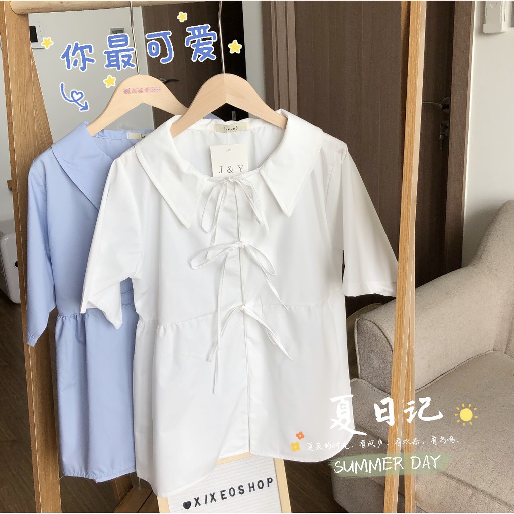 Áo sơ mi nữ trắng xanh dáng babydoll thắt nơ xinh xixeoshop - V43