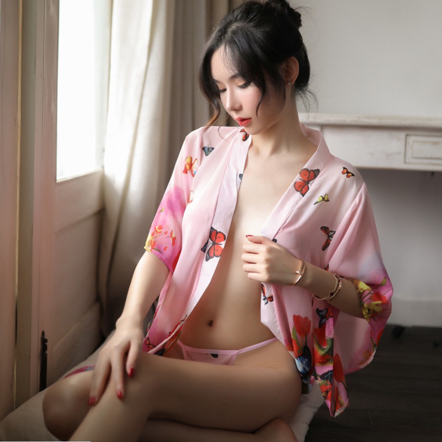 [Che tên] Áo choàng tắm Pyjama voan hoa ngắn tay gợi cảm