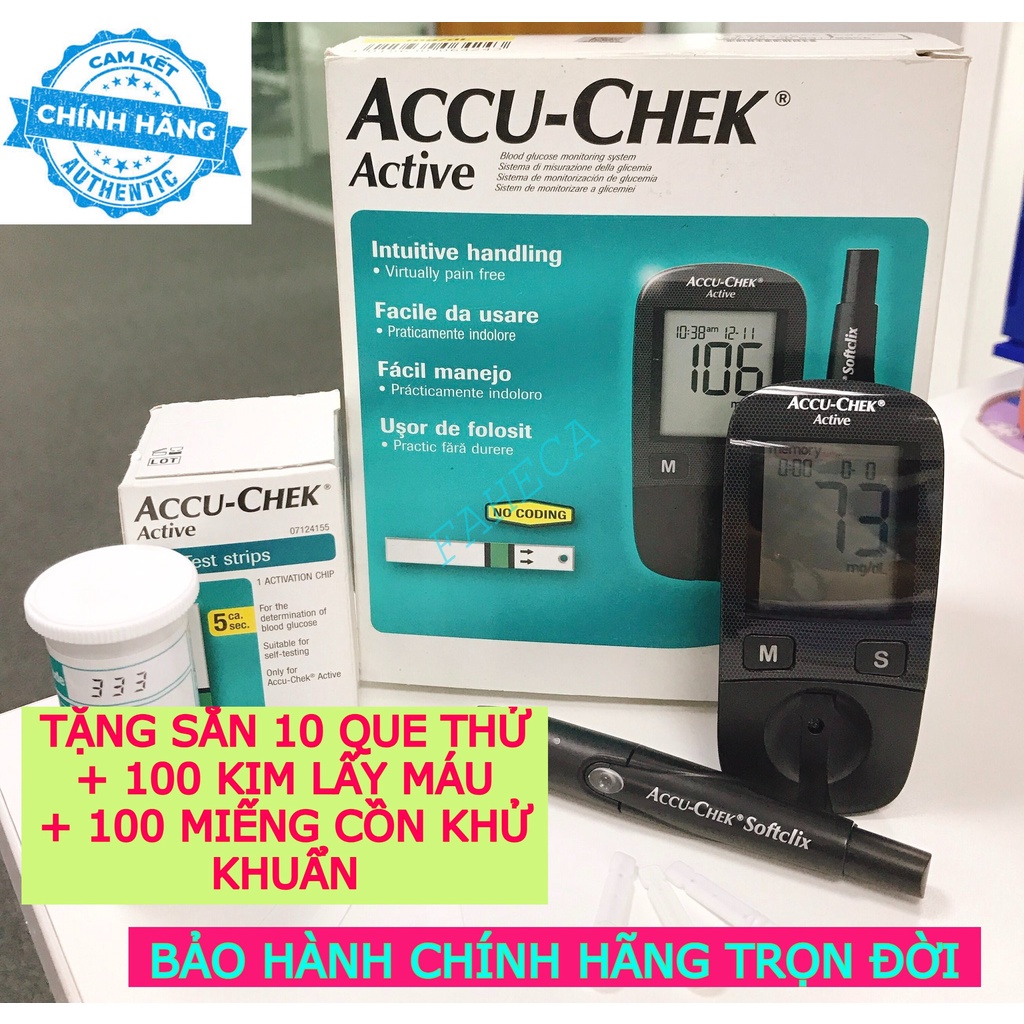 Máy đo đường huyết Accu-Check Active tặng lọ que 10 + 100 kim + 100 cồn - Công nghệ từ Đức - Hàng chính hãng