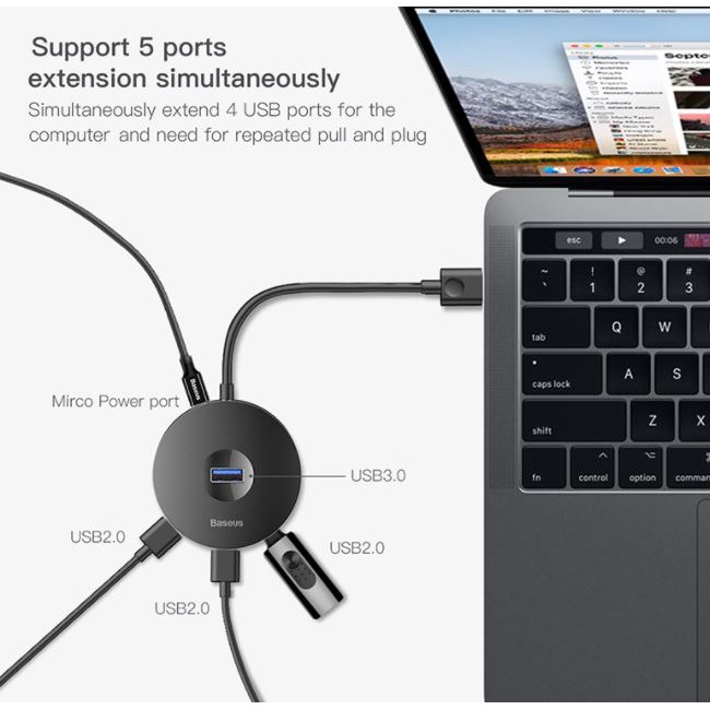 Bộ Chia USB 4 Cổng Chính Hãng Baseus, USB Hub 2.0/ 3.0 Có Đèn LED Báo Hiệu Cho Máy Tính, Macbook Pro, Smartphone