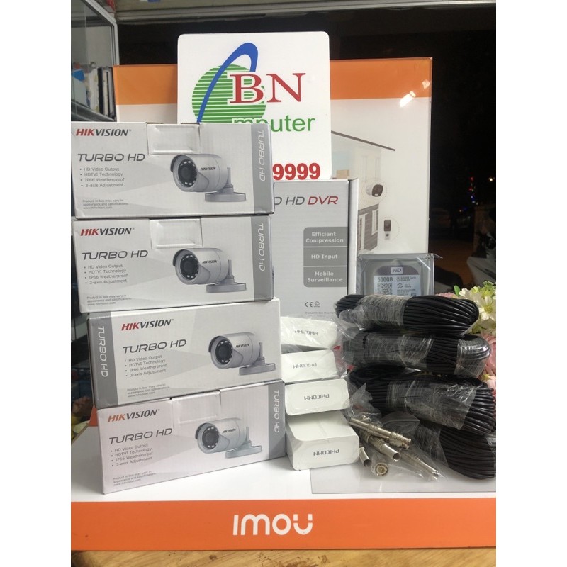 Trọn Bộ Kit Camera Hikvision 4 Kênh - 4 Mắt 2.0 Thân 16B2-IPF Hoặc Mắt Bán Cầu 56B2-IPF HDD 500G Đấy đủ phụ kiện lắp đặt