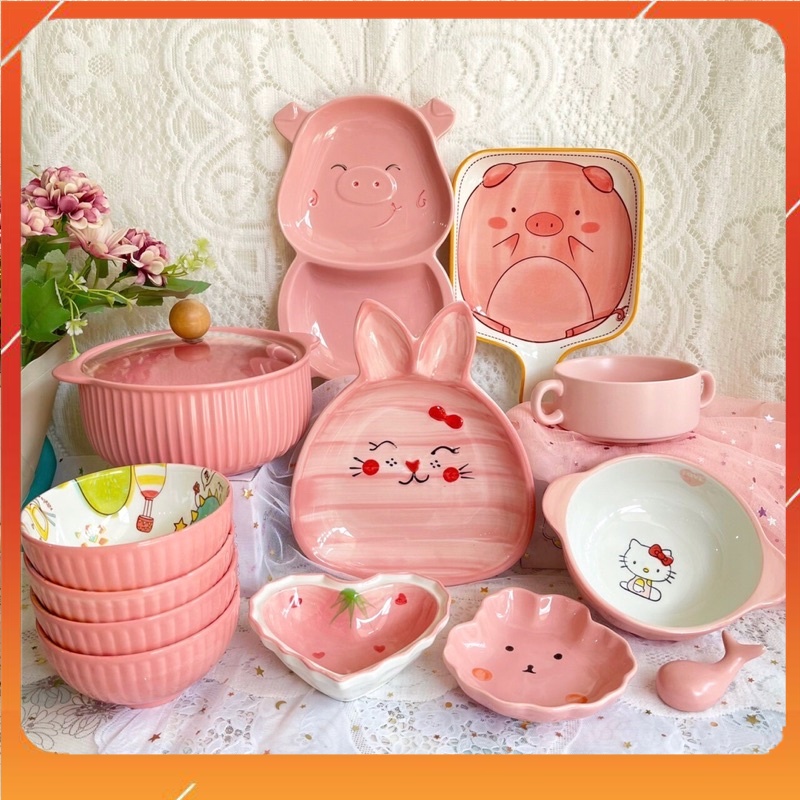 Bộ bát đĩa decor trang trí đồ ăn bộ màu hồng 13 món siêu yêu