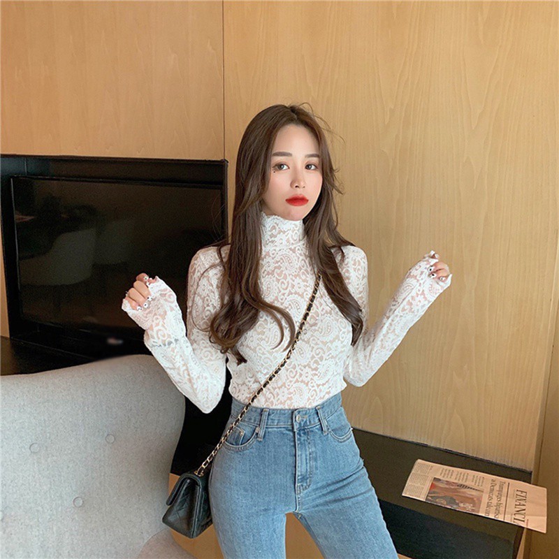 Áo kiểu tay dài cổ lọ phối ren hoa thiết kế quyến rũ cho phái nữ | BigBuy360 - bigbuy360.vn