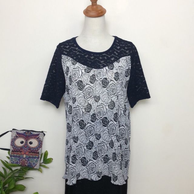 tăng khách - Áo voan hoa kiểu xếp nếp phối ren 2hand trung niên mẹ bà mát đẹp size L
