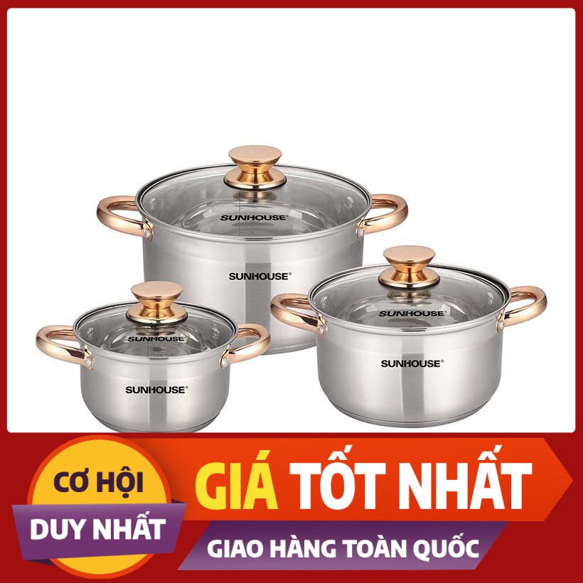 [Giá Sập Sàn] Bộ 3 nồi Inox 5 đáy Sunhouse chính hãng nắp kính - Xài được bếp từ (16, 20, 24 cm) Hàng cao cấp