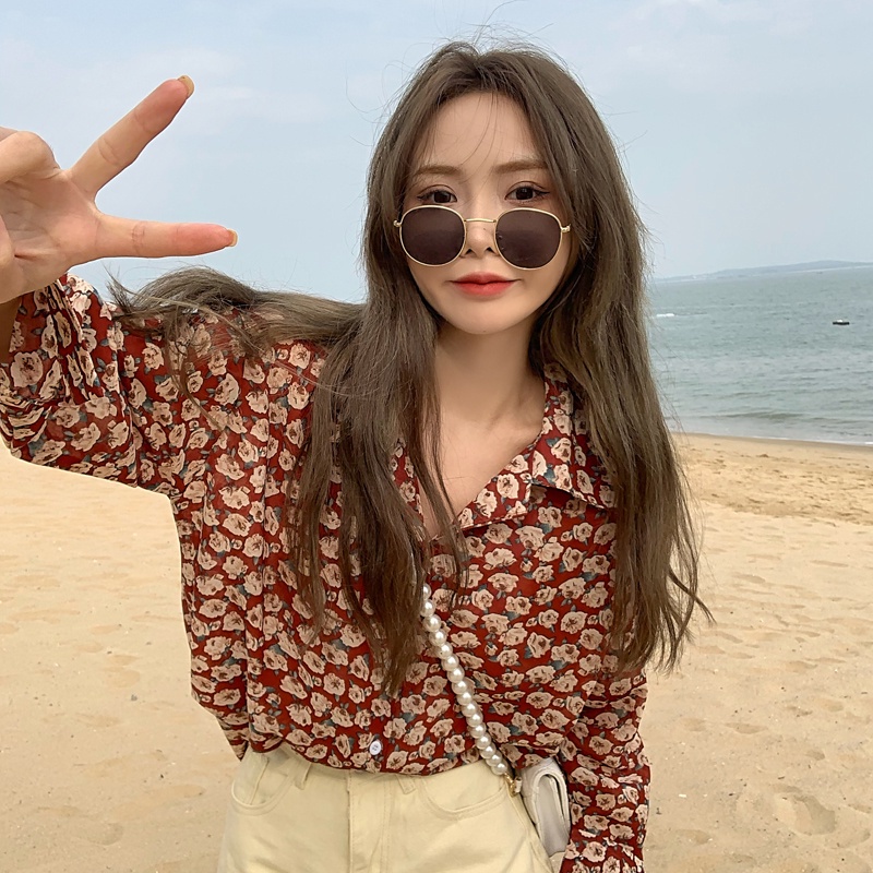 SUXI Áo Sơ Mi Hoa Tay Dài Dáng Rộng Thiết Kế Mới Thời Trang Mùa Thu Theo Phong Cách Pháp Cho Nữ