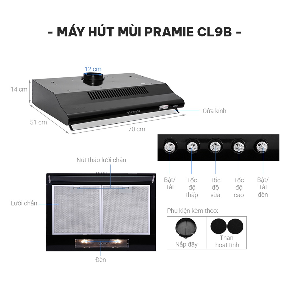 Máy hút mùi cổ điển Pramie CL9B-700 máy hút mùi bếp âm có bộ lọc khử mùi than hoạt tính, chống ồn, hoạt động êm ái