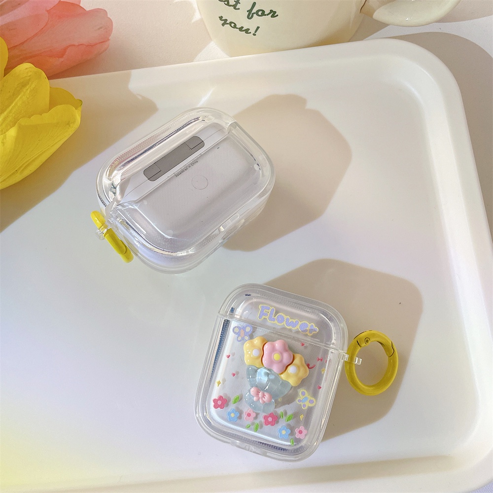 Vỏ Bảo Vệ Hộp Sạc Tai nghe không dây Airpods 1 / 2 / 3 / Pro 2 Hình Hoa 3D Trong Suốt Phong Cách Hàn Quốc Kèm Móc Khóa