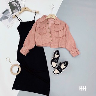 set váy đen áo khoác hồng