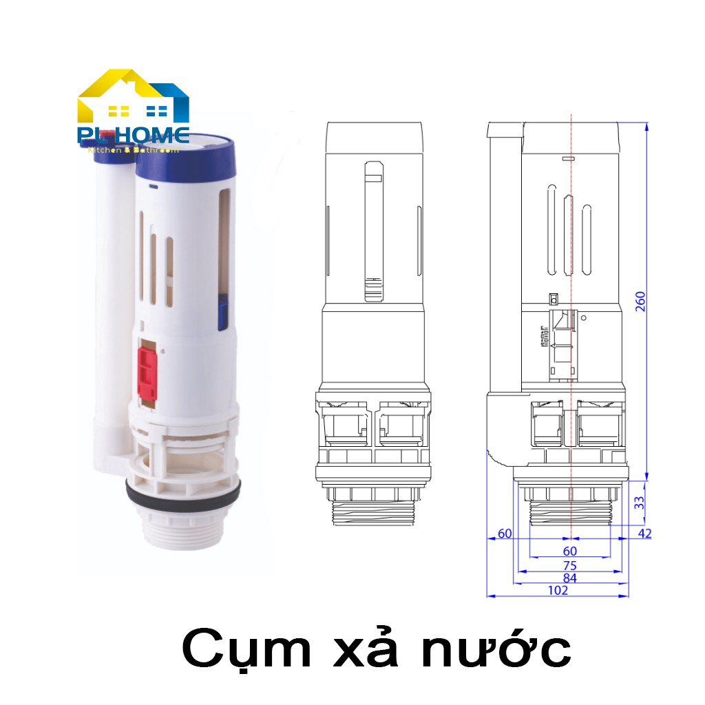 Bộ xả bồn cầu 2 nút nhấn cao cấp dành cho cầu 2 khối rời, bộ ruột xả nước bồn cầu chống nước phèn, chịu áp suất cao