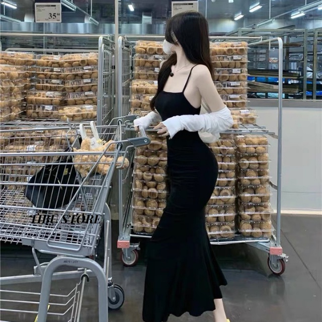 Đầm body hở lưng hai dây dáng dài TIBU, đầm đuôi cá kèm áo khoác cardigan len tăm nữ dự tiệc đi chơi