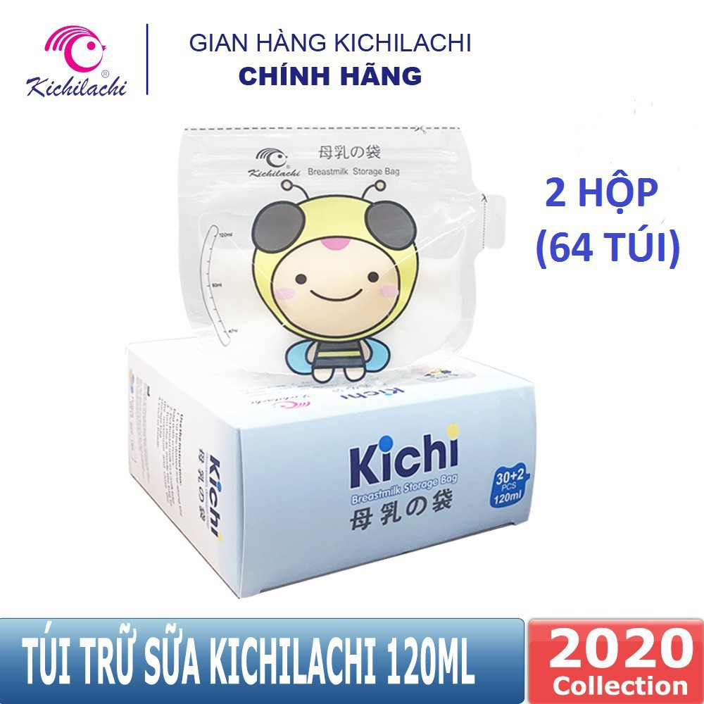 (2 Hộp) 64 túi trữ sữa 120ml không BPA, không mùi &amp; 2 khóa zip an toàn cho Bé Kichilachi (Hình con ong dễ thương)