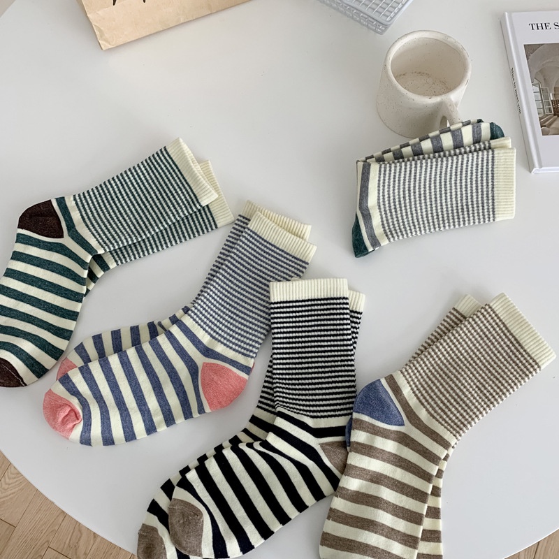 Vớ WAFNHA D380 vải cotton kẻ sọc phong cách Hàn Quốc cho nữ