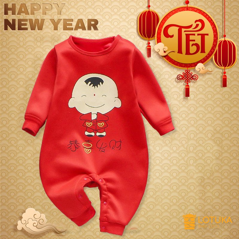 Body dài tay cho bé hình tài lộc chất cotton mền mịn mẫu Quần áo sơ sinh bé trai bé gái từ 0-12 tháng