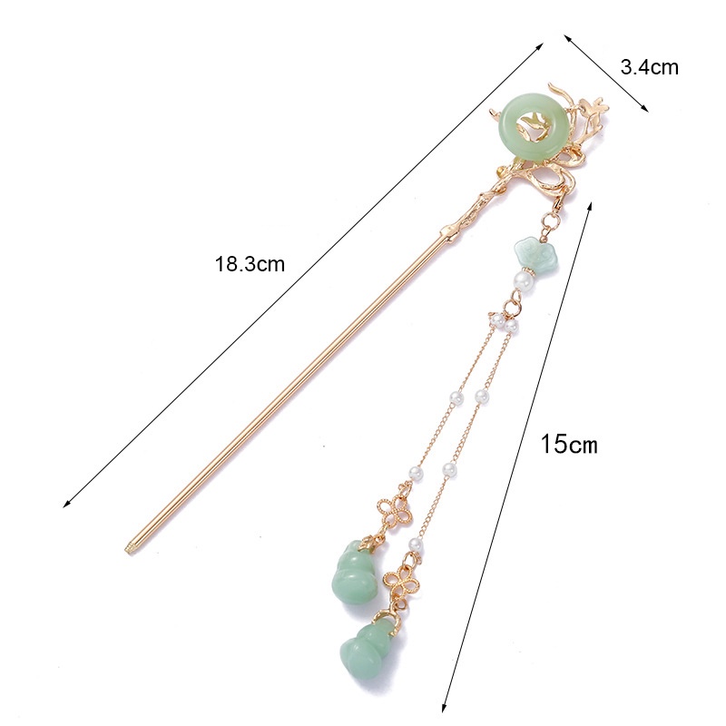 Trâm cổ trang hoa sen cách điệu đính kèm ngọc bội tròn tua rua chuỗi hạt hồ lô phong cách vintage búi tóc cosplay màu KC