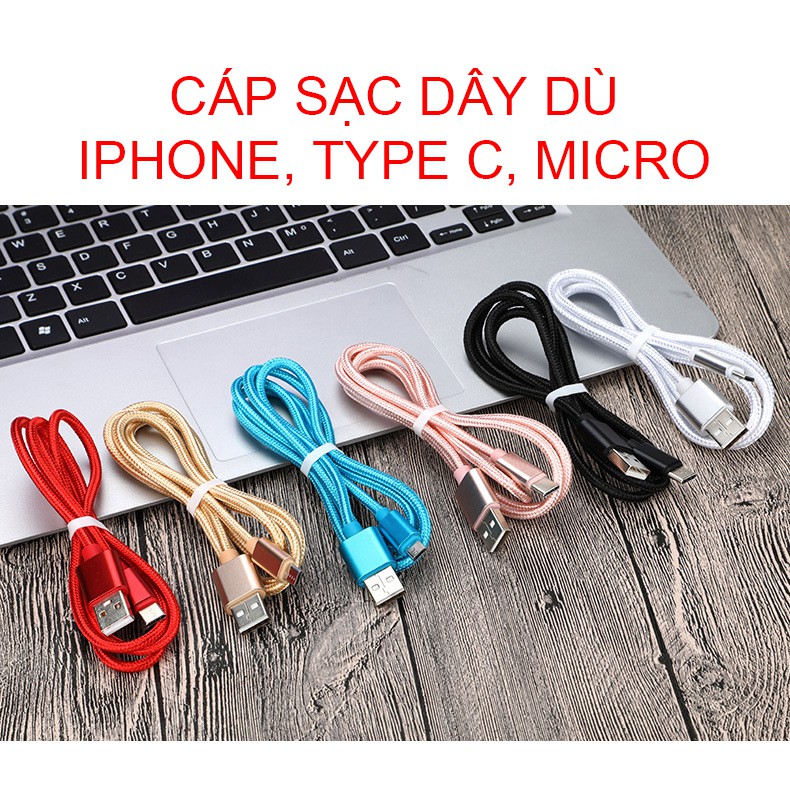 Dây cáp sạc Lightning, Samsung type c, micro usb android, dây cáp sạc điện thoại 1m dây dù chính hãng giá rẻ Sagopy