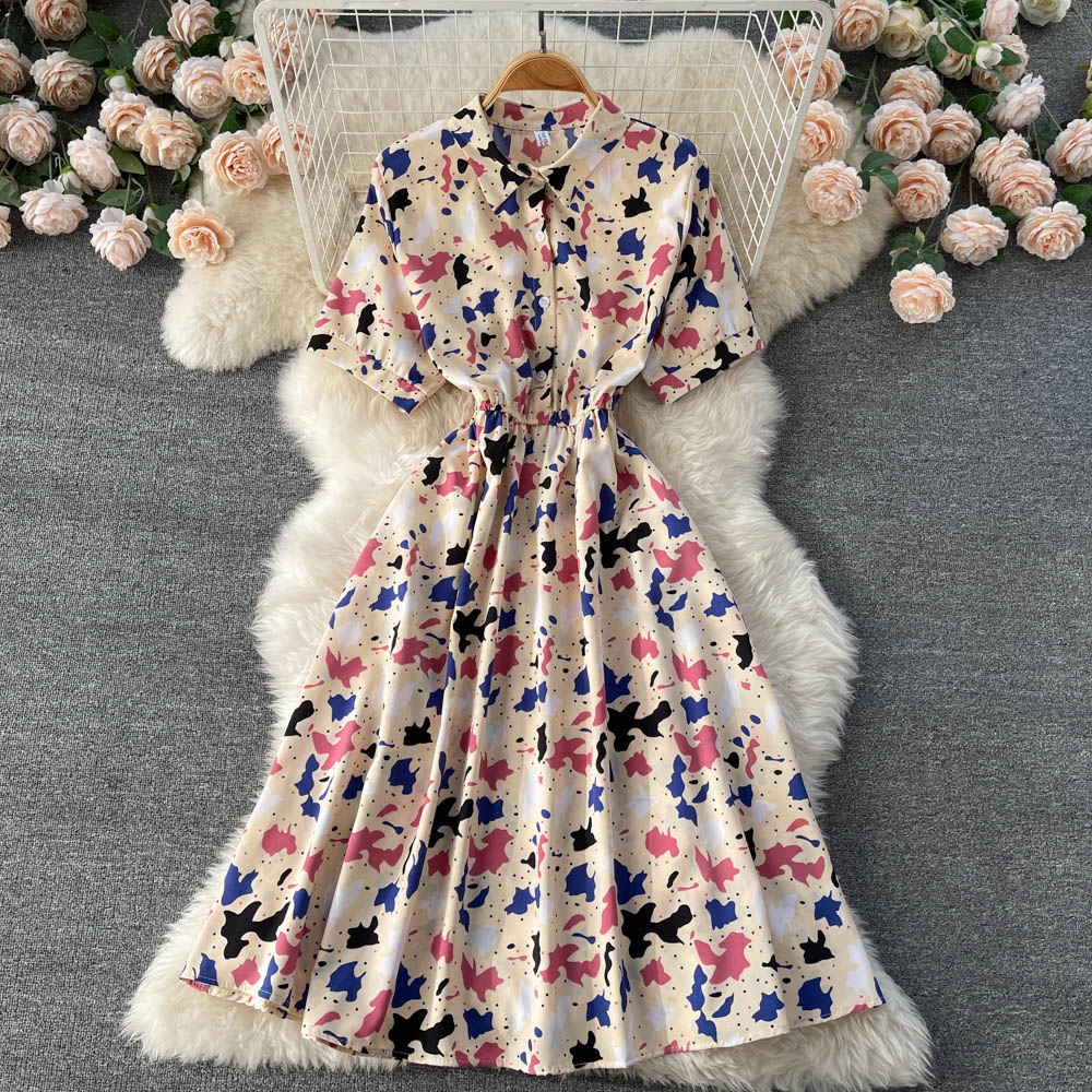 Đầm midi dáng chữ A tay ngắn cổ polo in hoa thời trang Pháp phong cách thanh lịch cho nữ