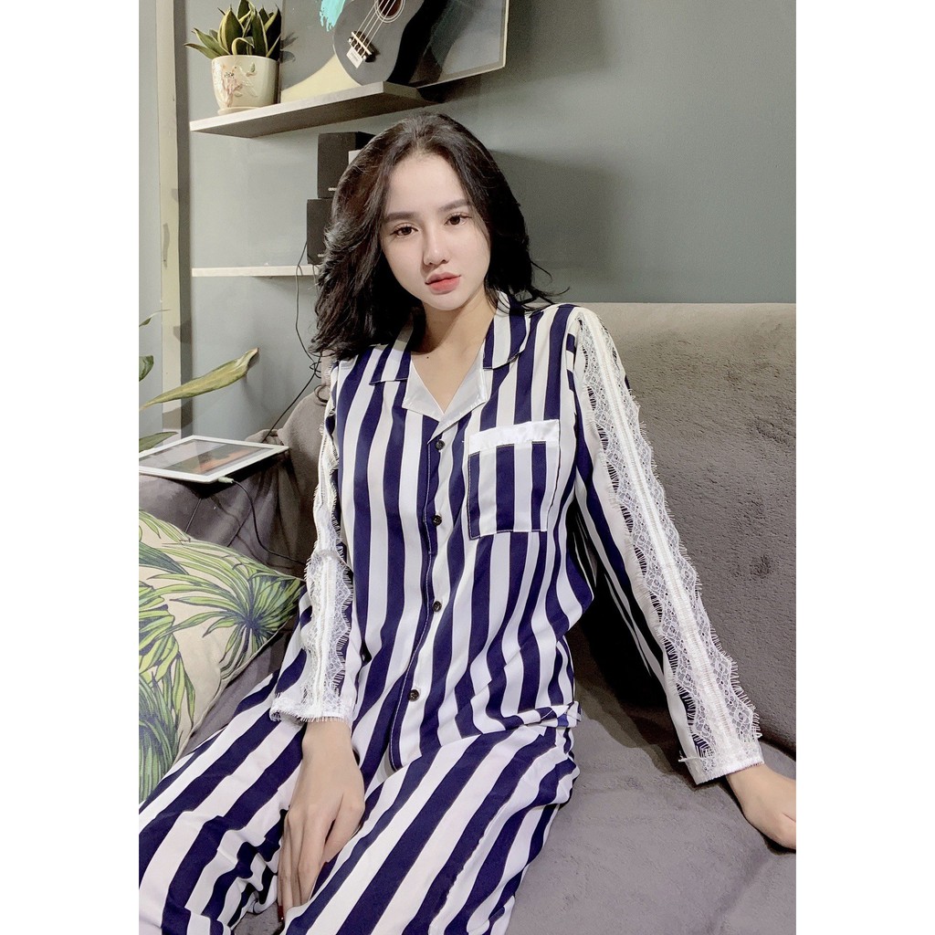 Bộ Đồ Ngủ Đồ Bộ Pijama Lụa Nữ Mặc Nhà Bộ Ngủ Lụa Hàn Phối Ren Tay Dài Quần Dài Dễ Thương