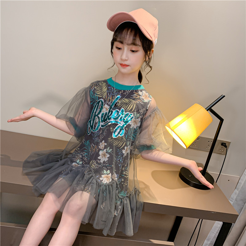 Đầm lưới đính kim tuyến lấp lánh phong cách Hàn Quốc thời trang mùa hè cho bé gái