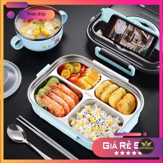❤freeship❤️ hộp cơm giữ nhiệt,hộp cơm văn phòng khay inox 3 ngăn + tặng muỗng và 1 đôi đũa