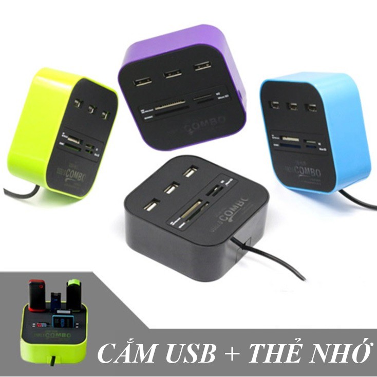 Bộ chia USB HUB kiêm đầu đọc thẻ nhớ 2 in 1 cổng 2.0 giá rẻ mẫu 3 giao màu ngẫu nhiên