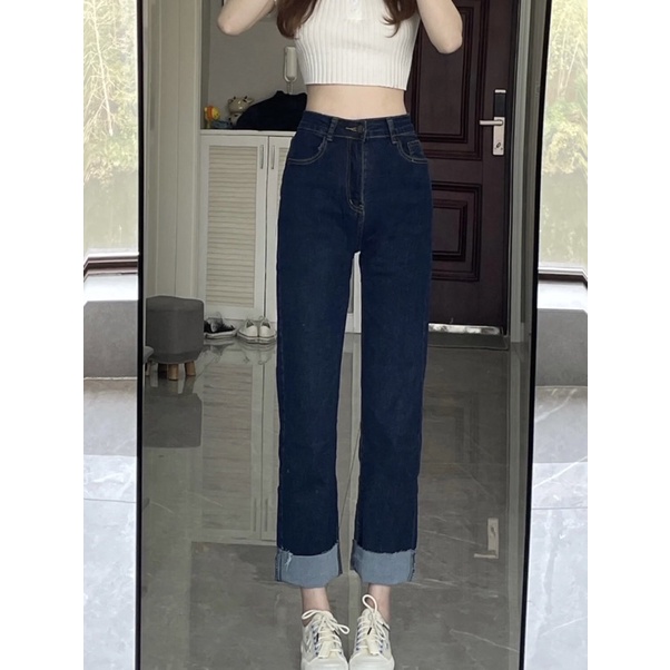 Quần bò gập gấu chất co dãn xanh đậm