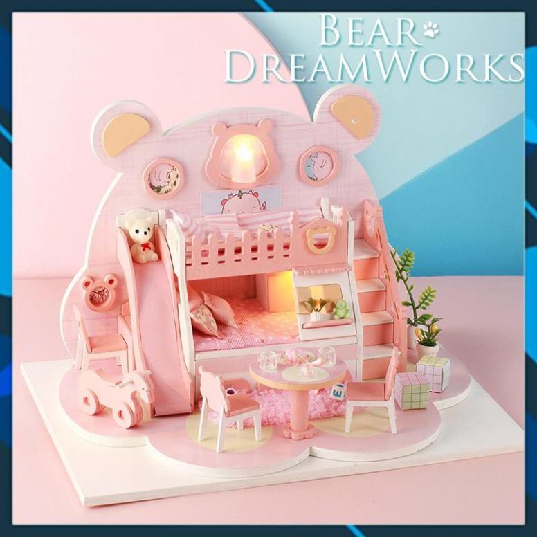 Mô hình nhà búp bê gỗ DIY Mô hình nhà búp bê lắp ghép có đèn Mẫu Bear WorkShop Toy World