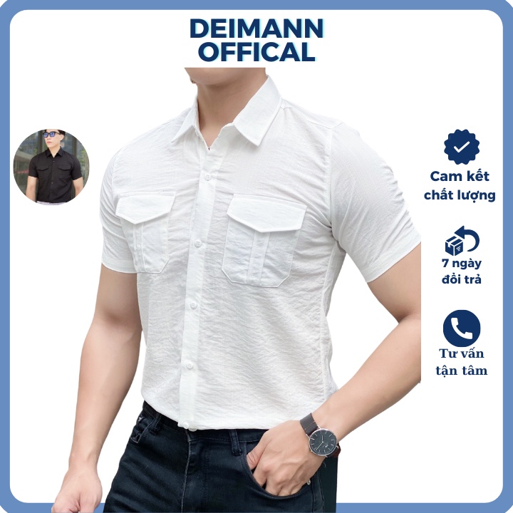 Áo sơ mi nam đen trắng, Áo sơ mi nam ngắn tay công sở chất đũi túi hộp Deimann SMN12