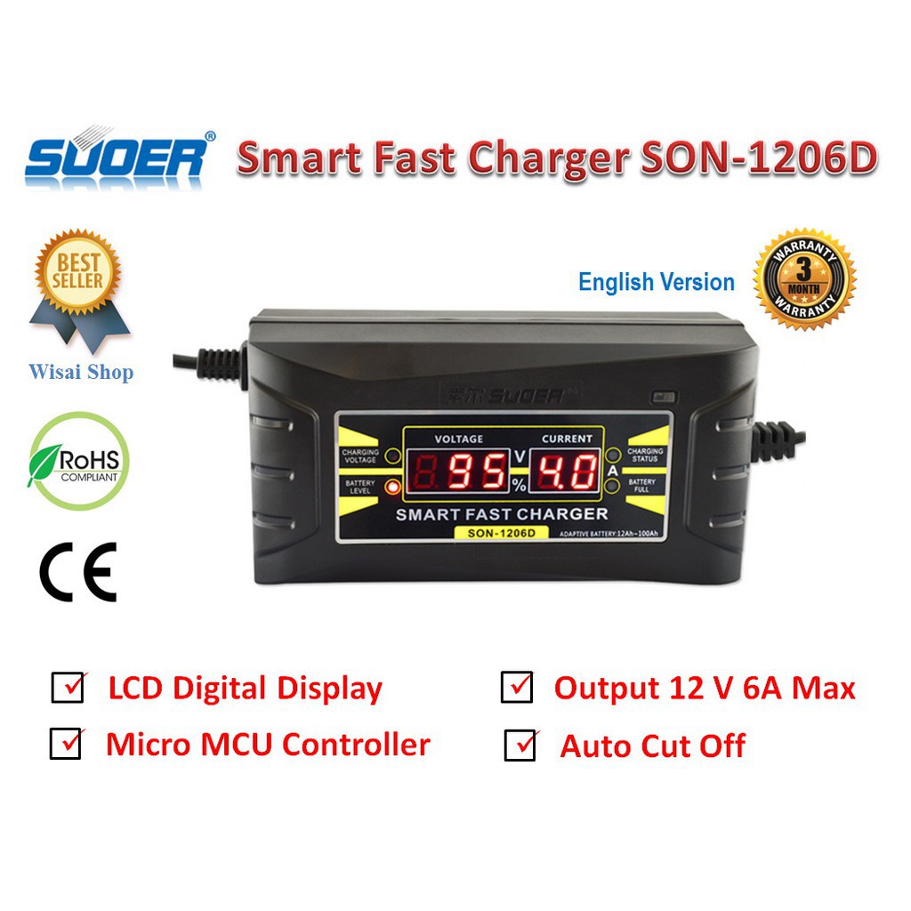 Hàng cao cấp Bộ sạc nhanh acquy thông minh tự động 1206D. báo %, dòng sạc, điện áp, đầy tự ngắt.