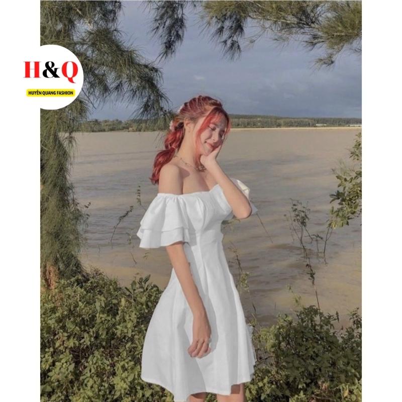 Váy Nữ Trễ Vai Tay Bồng Dáng Xòe Tiểu Thư Style Hàn Quốc 2 Màu Đen Trắng.