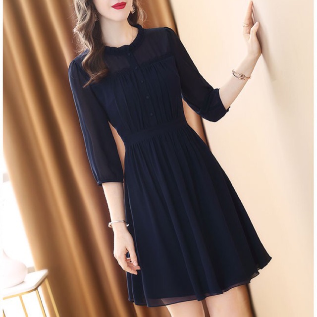 Đầm xoè voan chiffon có lót màu xanh đen cổ nhún size M L Xl