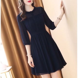 Đầm xoè voan chiffon có lót màu xanh đen cổ nhún size M L Xl