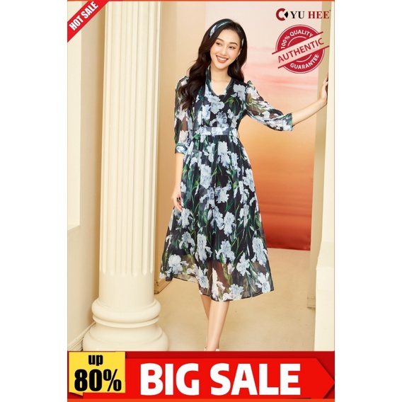 Đầm thiết voan cổ tim hoa xám maxi qua gối
