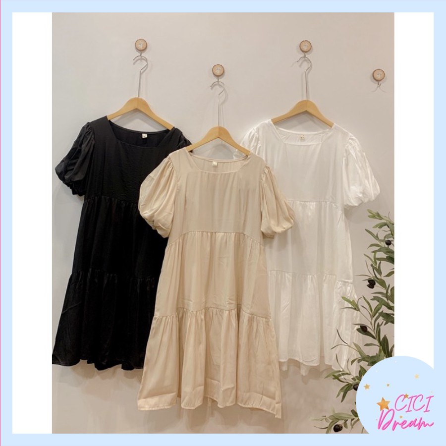 váy nữ cộc tay babydoll 3 tầng cổ tròn, Đầm  nữ cộc tay babydoll 3 tầng cổ tròn tay bồng 3 màu