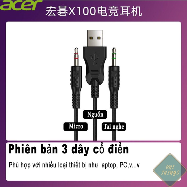 Tai nghe gaming chính hãng Acer có micro, tai nghe chụp tai có led phong cách phi công màu xanh rêu, trắng