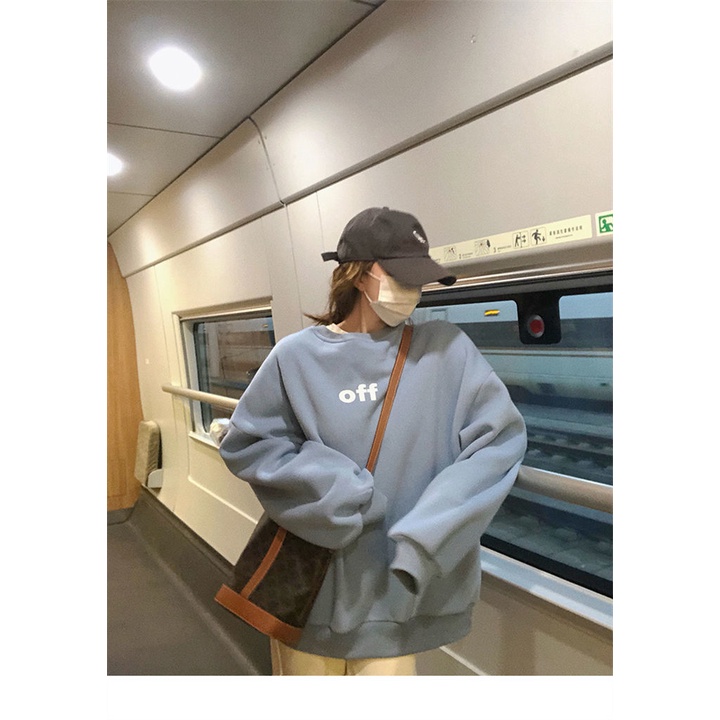 [Spot] Áo sweater chui đầu cổ tròn dáng rộng màu xanh sữa in chữ phong cách Hàn Quốc