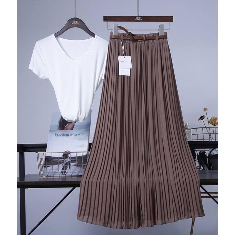 Chân váy dập ly dáng dài midi Vintage kèm đai lưng cạp thun lưng cao- hàng quảng châu | BigBuy360 - bigbuy360.vn