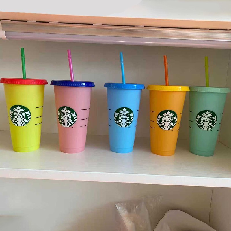 Ly Nhựa Uống Nước Starbucks Đổi Màu Có Nắp Đậy Và Tái Sử Dụng Được 24 Oz