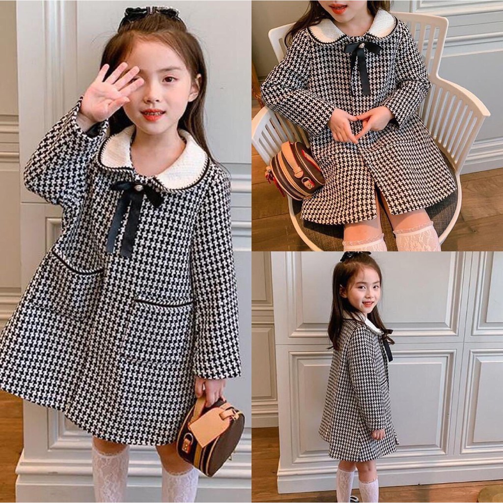 Áo dạ kẻ cổ trắng cho bé gái