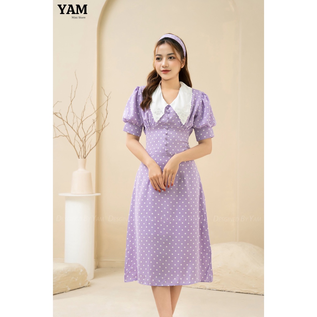 Váy chấm bi tím dáng dài phối cổ bèo trắng tay bồng size S M L XL hàng thiết kế cao cấp- Design by Kami
