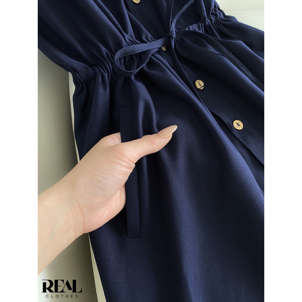 Đầm sơ mi rút dây xanh navy_REAL