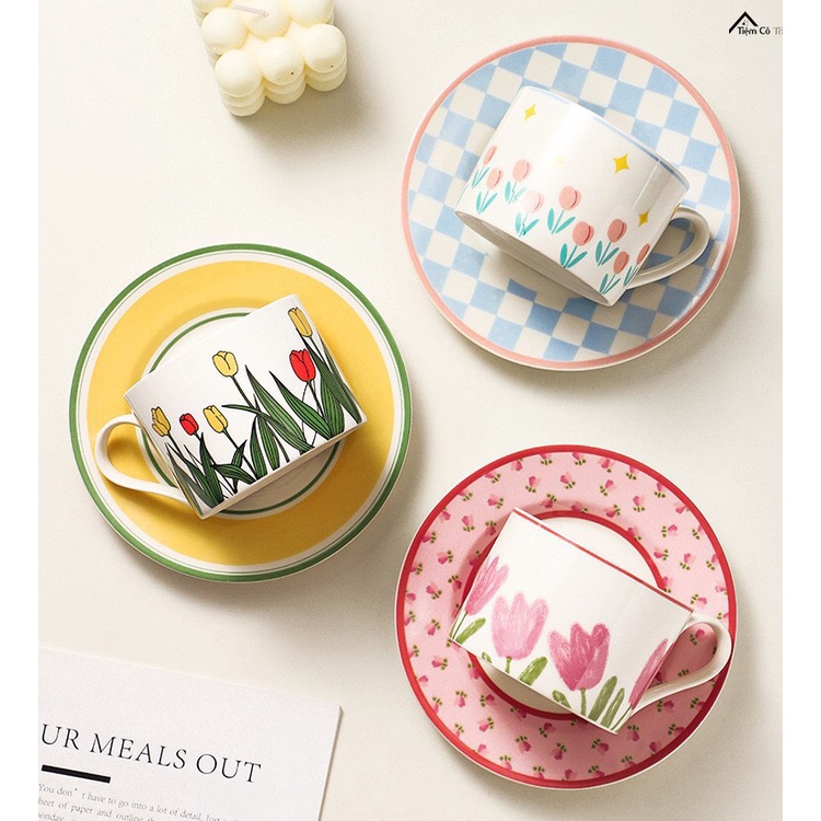 Bộ tách trà và đĩa lót tách trà, bộ ly sứ uống trà, tách cafe bằng sứ cao cấp phong cách vintgae làm quà tặng sinh nhật