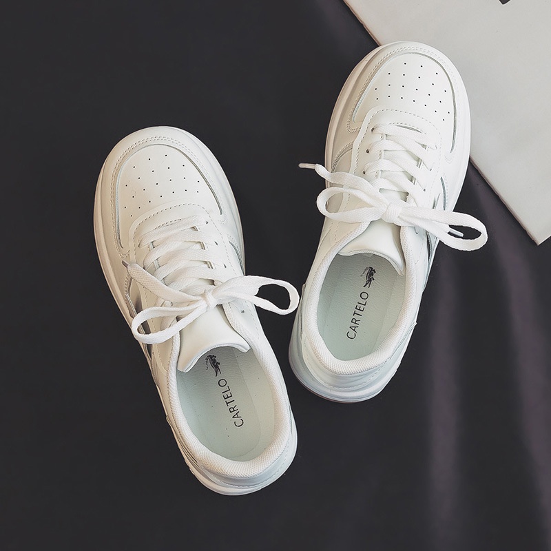 Giày thể thao IELGY bằng da sợi nhỏ đế dày cổ thấp màu trắng hợp thời trang cho nữ