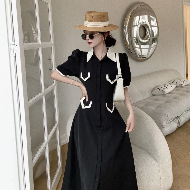 Đầm Tay Phồng Dáng Dài Ôm Eo Phối Màu Tương Phản Kiểu Pháp Thời Trang Mùa Hè Cho Nữ 5 Ngày