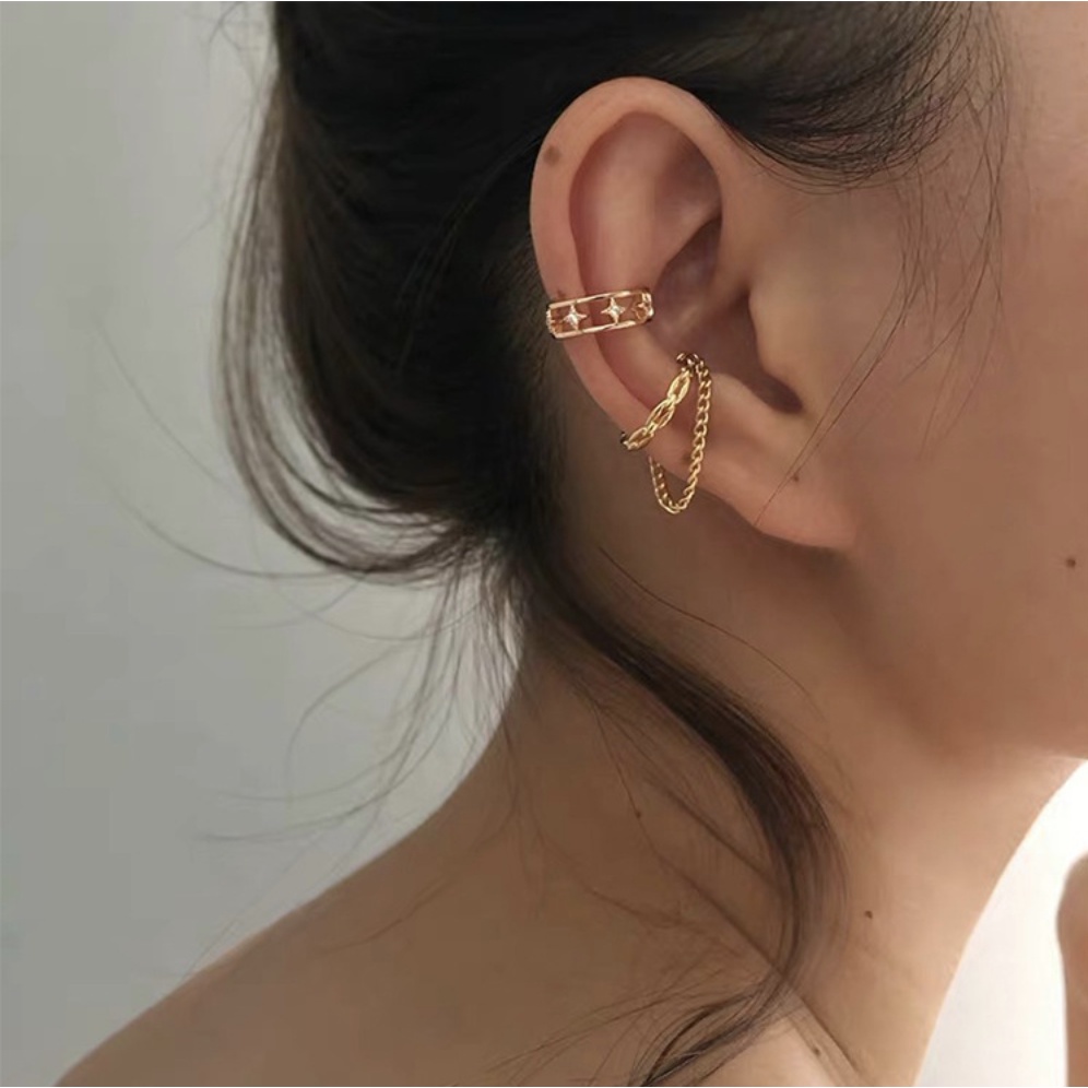 Bộ khoen tai kẹp vành 02 chiếc earcuff một bên xích mạ vàng trắng bạc phong cách Hàn Quốc Boho Roshan