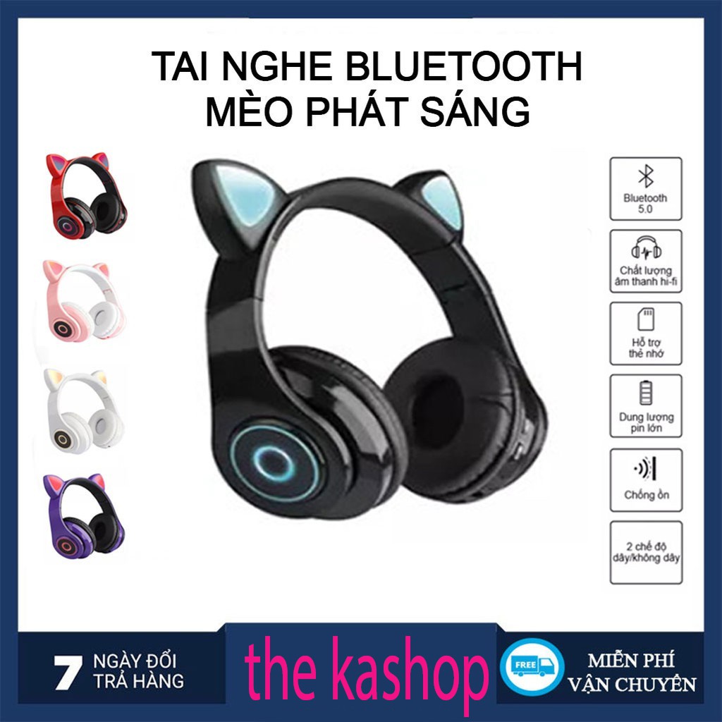 Tai nghe mèo bluetooth, headphone tai mèo loại lớn dễ thương có mic, âm bass mạnh mẽ và dung lượng pin khủng 400mAh