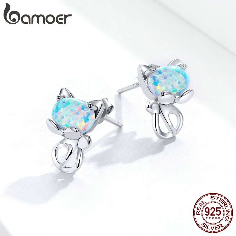 Khuyên tai BAMOER SCE828 bằng bạc 925 đính đá opal màu xanh dương hình mèo thời trang cho nữ