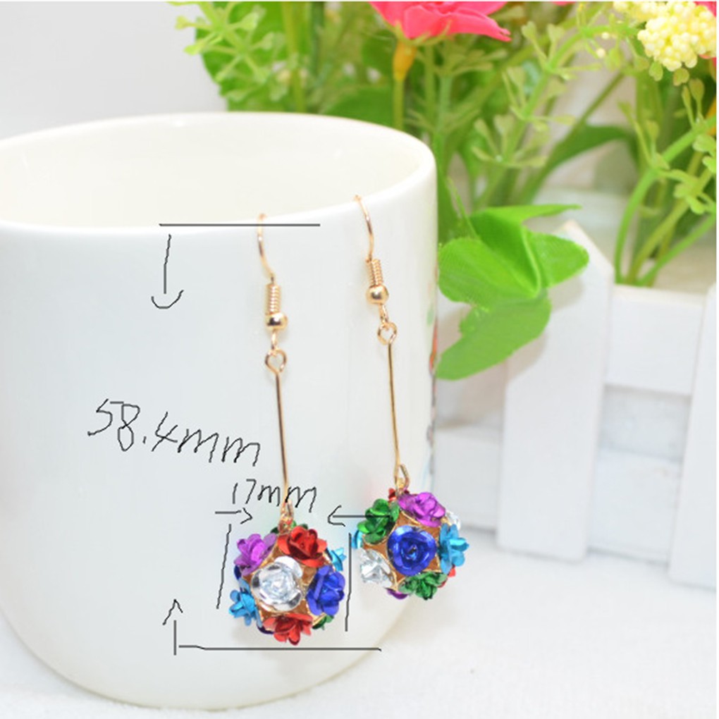 Bông tai mạ vàng dáng dài gắn quả cầu hoa hồng dễ thương